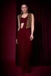 Aayushi Maniar_Maroon Georgette, Velvet Rudrani Pre-draped Saree Set With Crop Jacket _Online_at_Aza_Fashions