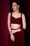 Shop_Aayushi Maniar_Maroon Georgette, Velvet Rudrani Pre-draped Saree Set With Crop Jacket _Online_at_Aza_Fashions
