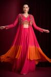 Buy_Aayushi Maniar_Pink Georgette Embroidery, Sequins, Zari Chandrikaa Ombre Jacket Skirt Set _at_Aza_Fashions