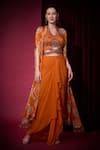 Buy_Aayushi Maniar_Orange Tissue, Georgette Sequins, Golakaari Printed Cape And Draped Skirt Set _at_Aza_Fashions