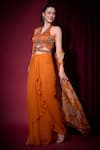 Shop_Aayushi Maniar_Orange Tissue, Georgette Sequins, Golakaari Printed Cape And Draped Skirt Set _Online_at_Aza_Fashions