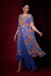 Buy_Aayushi Maniar_Blue Crepe, Georgette Sequins, Rangtara Printed Kaftan And Draped Skirt Set _Online_at_Aza_Fashions