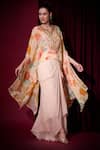 Aayushi Maniar_Pink Crepe, Georgette Embroidery, Chandrika Printed Cape And Draped Skirt Set _at_Aza_Fashions