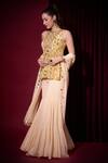Buy_Aayushi Maniar_Yellow Crepe, Georgette Embroidery, Rasika Printed Peplum Tunic Gharara Set _Online_at_Aza_Fashions