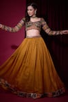 Buy_Aayushi Maniar_Mustard Tissue, Organza Sequins, Stones, Zari, Suryavanshi Printed Lehenga Set _at_Aza_Fashions