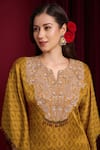 Aayushi Maniar_Mustard Organza Embroidery, Sequins, Beads, Ira Printed Kaftan And Pant Set _at_Aza_Fashions