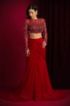 Buy_Aayushi Maniar_Red Georgette, Net Embroidery, Beads, Sequins Kaira Mermaid Lehenga And Blouse Set _at_Aza_Fashions