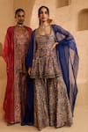 Buy_Ridhima Bhasin_Blue Chanderi Embroidery, Beads Scoop , Open Kaera Cape Sharara Set _Online_at_Aza_Fashions