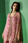 Ridhima Bhasin_Pink Georgette, Rayon Beads, Embroidery V-neck Inor Printed Kurta And Pant Set _Online_at_Aza_Fashions