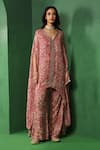 Buy_Ridhima Bhasin_Pink Georgette, Rayon Beads, Embroidery V-neck Inor Printed Kurta And Pant Set _Online_at_Aza_Fashions
