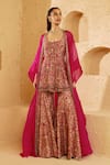 Buy_Ridhima Bhasin_Pink Chanderi Embroidery, Zari Sweetheart Neck, Open Eirah Cape Sharara Set _at_Aza_Fashions