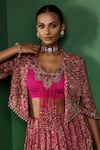 Shop_Ridhima Bhasin_Pink Georgette Embroidery, Beads, Tassels Round Neck, Gulnaar Jacket Skirt Set _Online_at_Aza_Fashions