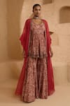 Buy_Ridhima Bhasin_Red Chanderi Embroidery, Zari Scoop Orelle Printed Peplum Kurta Sharara Set _Online_at_Aza_Fashions