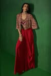 Buy_Ridhima Bhasin_Red Georgette, Crepe Embroidery, Sequins, Beads Abeer Jacket Draped Skirt Set _at_Aza_Fashions