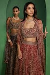 Buy_Ridhima Bhasin_Red Organza Embroidery, Beads, Sequins, Zari Square Aureen Print Lehenga Set  