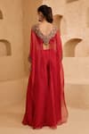 Shop_Ridhima Bhasin_Red Organza, Crepe Embroidery, Sequins, Beads, Metallic Kair Kaftan And Pant Set _at_Aza_Fashions