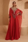 Ridhima Bhasin_Red Organza, Crepe Embroidery, Sequins, Beads, Metallic Kair Kaftan And Pant Set _Online_at_Aza_Fashions