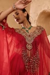 Buy_Ridhima Bhasin_Red Organza, Crepe Embroidery, Sequins, Beads, Metallic Kair Kaftan And Pant Set _Online_at_Aza_Fashions