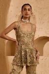 Shop_Ridhima Bhasin_Beige Net Embroidery, Sequins, Beads Square Neck Siora Peplum Tunic And Pant Set _at_Aza_Fashions