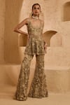 Buy_Ridhima Bhasin_Beige Net Embroidery, Sequins, Beads Square Neck Siora Peplum Tunic And Pant Set _at_Aza_Fashions