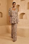 Ridhima Bhasin_Beige Net, Organza Beads, Sequins, Fabric Flowers Myra Floral Applique Tunic Set _Online_at_Aza_Fashions