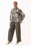 Buy_Three_Olive Green Twill Collared Floral Print Shirt And Pant Set _Online_at_Aza_Fashions