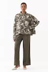 Buy_Three_Olive Green Twill Collared Floral Print Shirt And Pant Set _at_Aza_Fashions