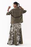 Shop_Three_Olive Green Twill Collared Printed Jacket And Skirt Set _at_Aza_Fashions