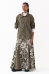Buy_Three_Olive Green Twill Collared Printed Jacket And Skirt Set _Online_at_Aza_Fashions