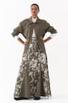 Buy_Three_Olive Green Twill Collared Printed Jacket And Skirt Set _at_Aza_Fashions