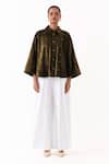 Shop_Three_Olive Green Velvet, Poplin Embroidery Collared Shirt With Inverted Pleated Pant _Online_at_Aza_Fashions