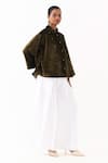 Three_Olive Green Velvet, Poplin Embroidery Collared Shirt With Inverted Pleated Pant _at_Aza_Fashions