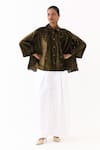 Buy_Three_Olive Green Velvet, Poplin Embroidery Collared Shirt With Inverted Pleated Pant _at_Aza_Fashions