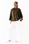 Buy_Three_Olive Green Velvet, Poplin Embroidery Collared Shirt With Inverted Pleated Pant 