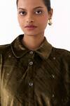 Three_Olive Green Velvet, Poplin Embroidery Collared Shirt With Inverted Pleated Pant _Online