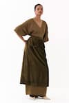 Three_Olive Green Satin, Crepe, Velvet Embroidery V-neck Solid Kaftan With Skirt _Online_at_Aza_Fashions