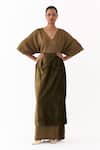 Buy_Three_Olive Green Satin, Crepe, Velvet Embroidery V-neck Solid Kaftan With Skirt _at_Aza_Fashions