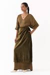 Shop_Three_Olive Green Satin, Crepe, Velvet Embroidery V-neck Solid Kaftan With Skirt _Online_at_Aza_Fashions