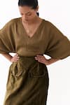 Shop_Three_Olive Green Satin, Crepe, Velvet Embroidery V-neck Solid Kaftan With Skirt 