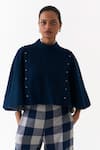 Three_Blue Wool Embroidery High Neck Reversible Poncho Top And Pant Set _Online_at_Aza_Fashions