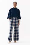 Buy_Three_Blue Wool Embroidery High Neck Reversible Poncho Top And Pant Set 