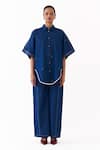 Three_Blue Denim Beads, Piping, Embroidery Collared Placement Shirt And Pant Set _Online_at_Aza_Fashions