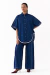 Buy_Three_Blue Denim Beads, Piping, Embroidery Collared Placement Shirt And Pant Set _at_Aza_Fashions
