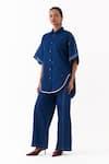 Buy_Three_Blue Denim Beads, Piping, Embroidery Collared Placement Shirt And Pant Set 