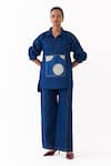 Shop_Three_Blue Denim Embroidery Collared Patchwork Top And Pant Set _Online_at_Aza_Fashions