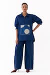 Three_Blue Denim Embroidery Collared Patchwork Top And Pant Set _at_Aza_Fashions