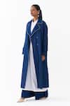 Shop_Three_Blue Denim, Cotton, Poplin Pinstripe Pattern Trench Jacket And Kurta Set _Online_at_Aza_Fashions