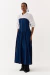 Shop_Three_Blue Denim, Cotton, Poplin Bandeau Neck, Panelled Shirt With Corset Dress _Online_at_Aza_Fashions