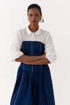 Three_Blue Denim, Cotton, Poplin Bandeau Neck, Panelled Shirt With Corset Dress _at_Aza_Fashions