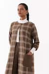 Three_Brown Round Neck Cedar Check Pattern Jacket And Pant Set _Online_at_Aza_Fashions